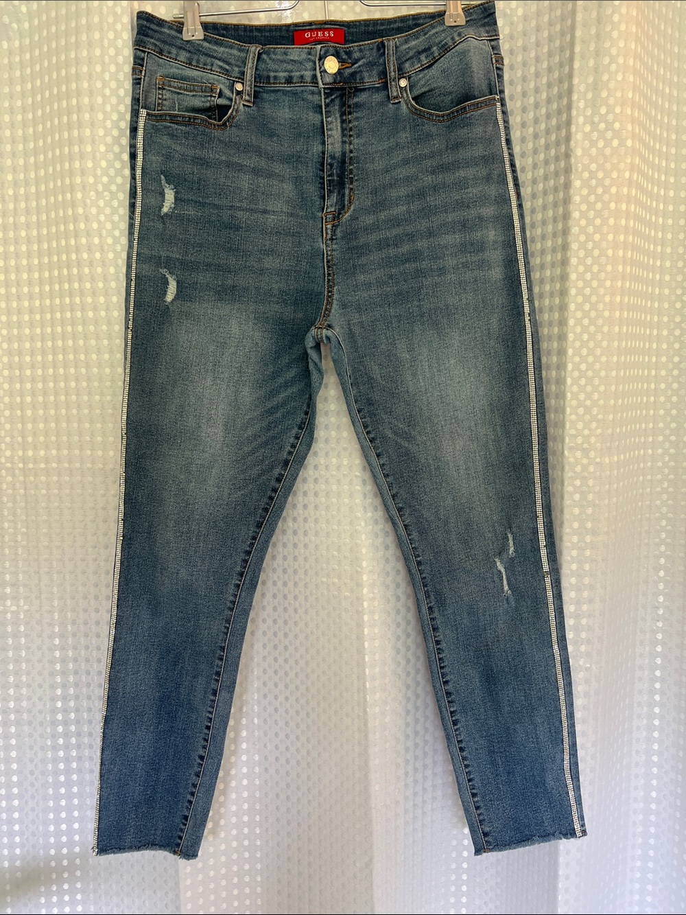 GUESS Blue Distressed Skinny Jeans with Bejeweled Side Stripe & Cut Off Bottoms